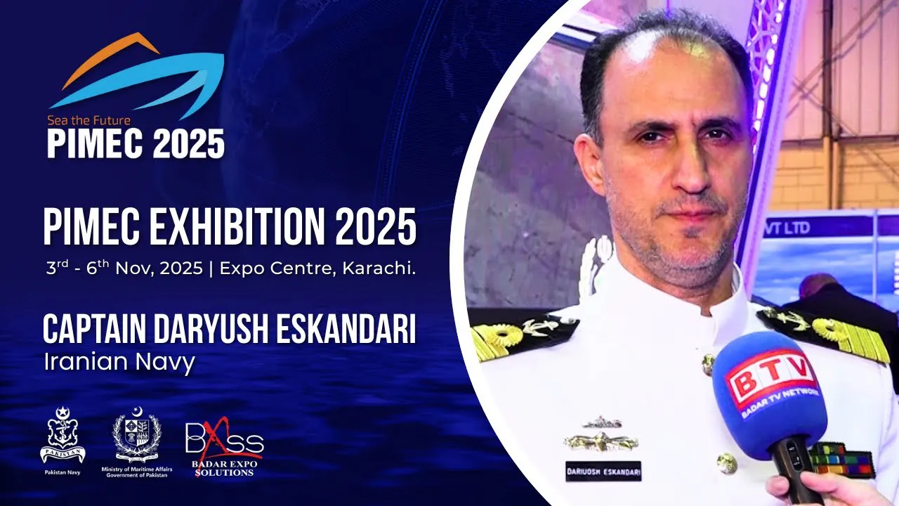 Captain Daryush Eskandari from Iranian Navy sharing insights at PIMEC 2025 maritime defense exhibition