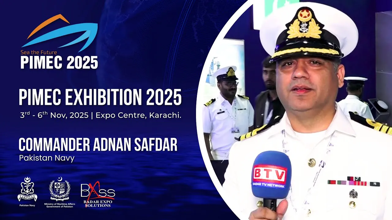 Commander Adnan Safdar from Pakistan Navy sharing expert insights at PIMEC 2025 maritime defense exhibition